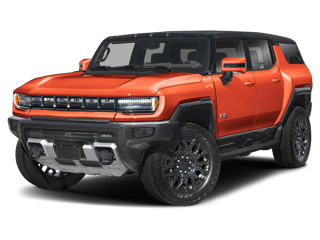 Model photograph of a Solar Orange 2025 GMC Hummer EV SUV sold at Mike Haggerty Buick GMC in OAK LAWN IL